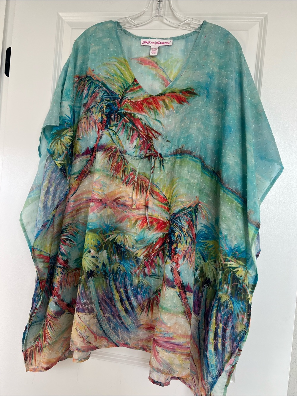 Lomae Collection Teal Palm-Print Sheer Beach Coverup
